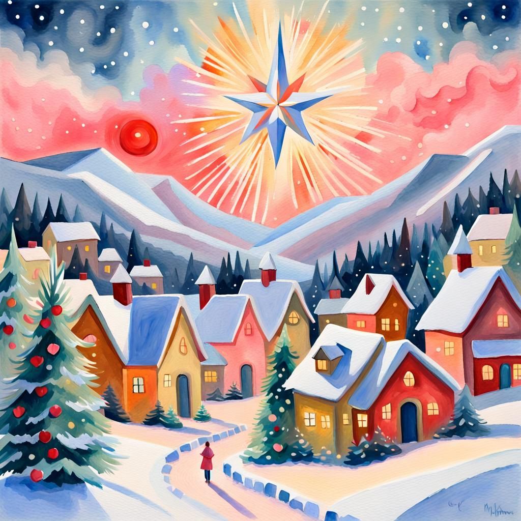 Christmas Star Illuminates Village in Gouache Style