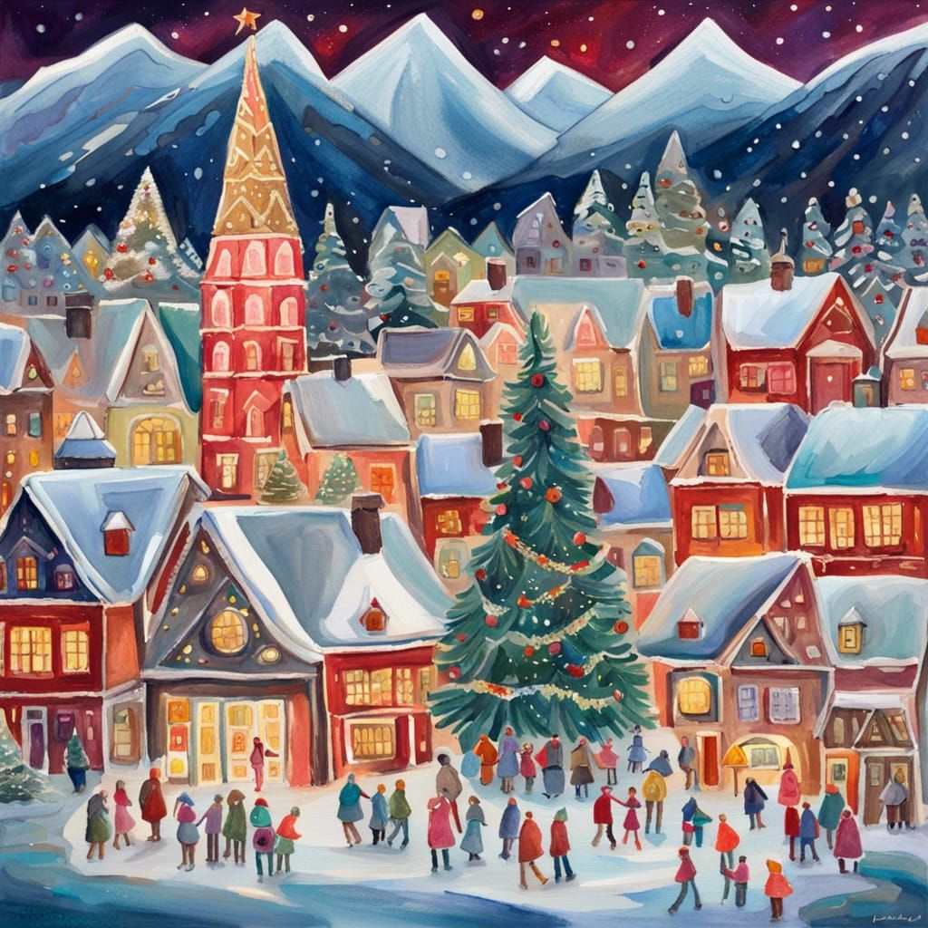 Nordic Christmas Village in Gouache Style