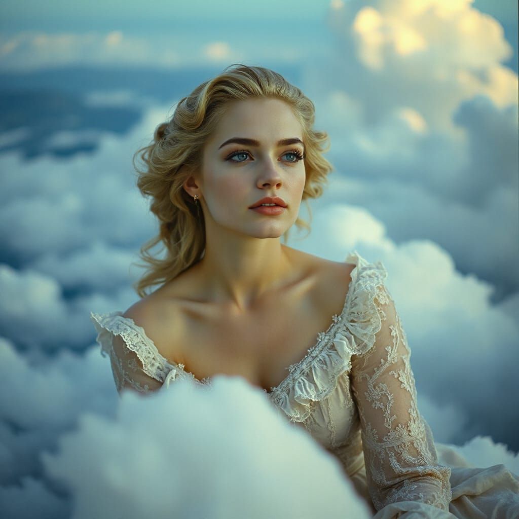 Victorian Blonde Woman on Clouds Cinematic Film Still