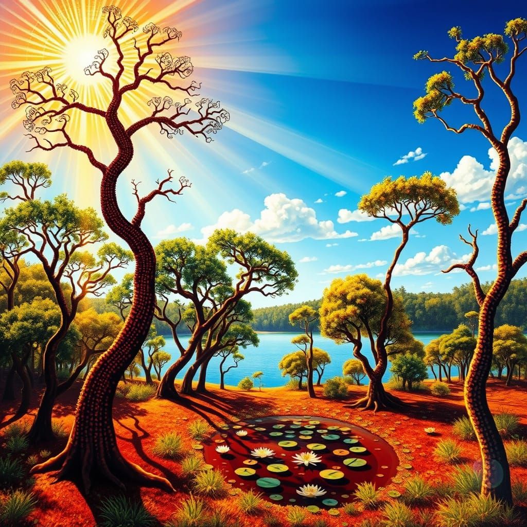 Vibrant Woodland Dreamscape in Op Art Illusion