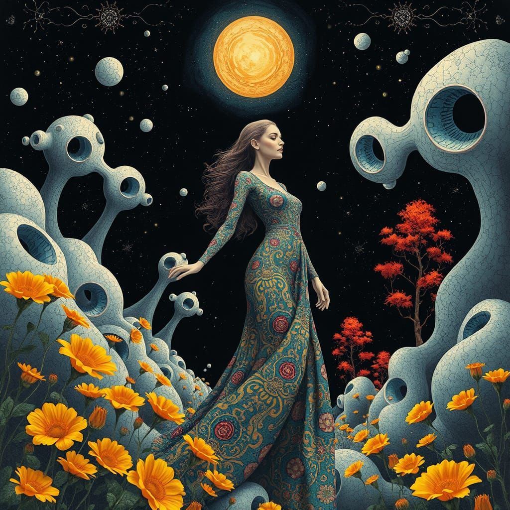 Surreal Woman in Futuristic Landscape Illustration