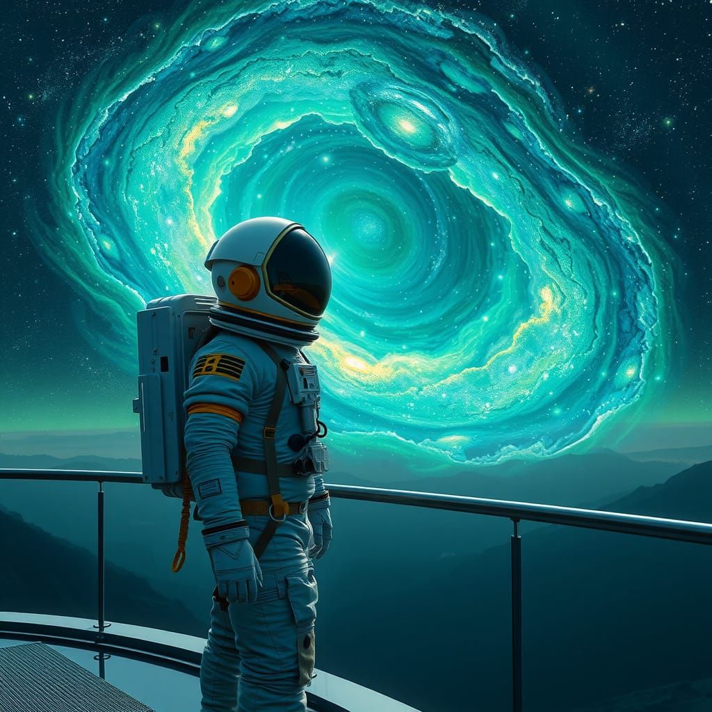 Astronaut Contemplates the Majestic Green Eyes Galaxy in Cel...