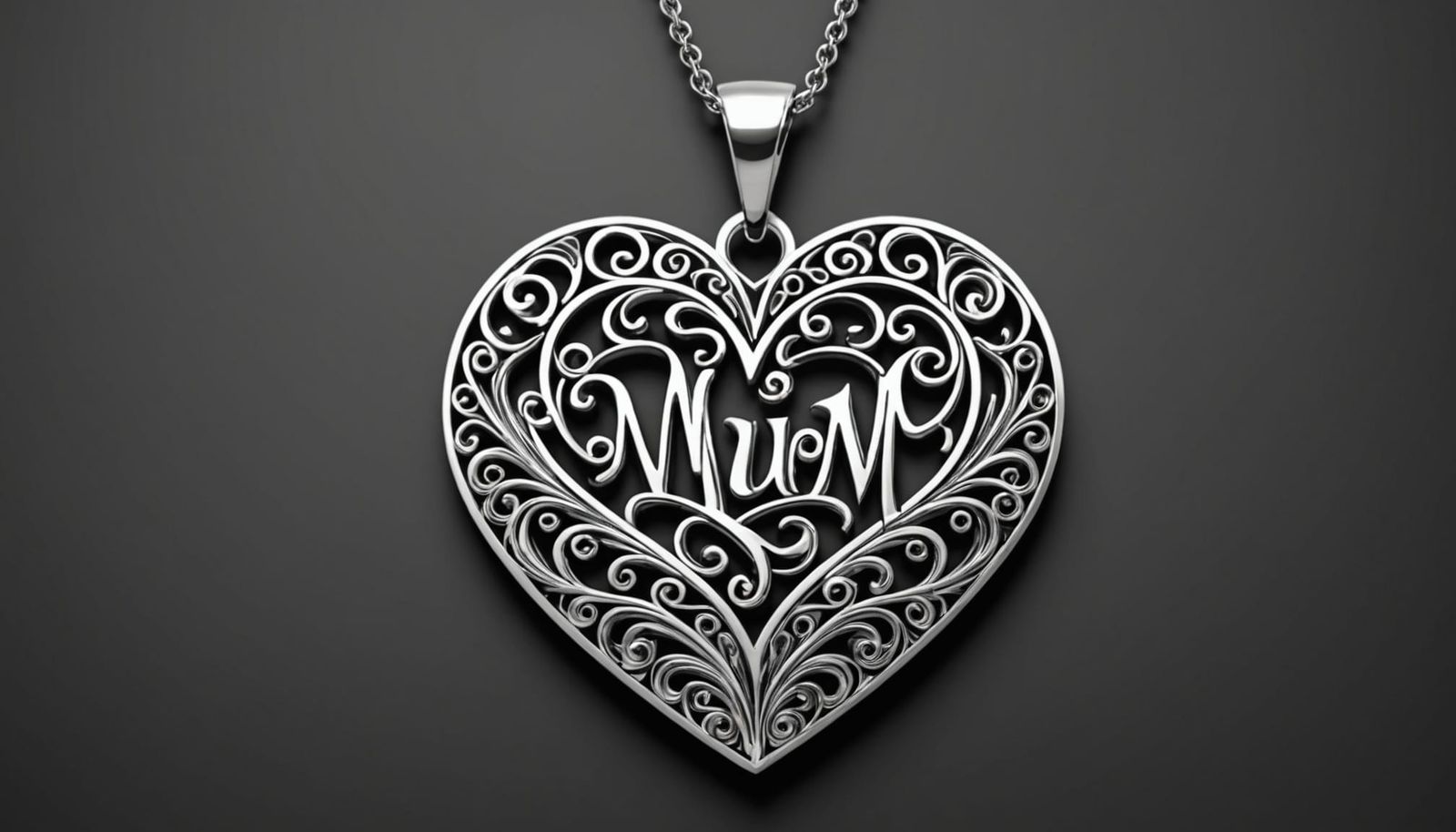 Silver Heart Necklace Engraved "Mum" in Fractal Style