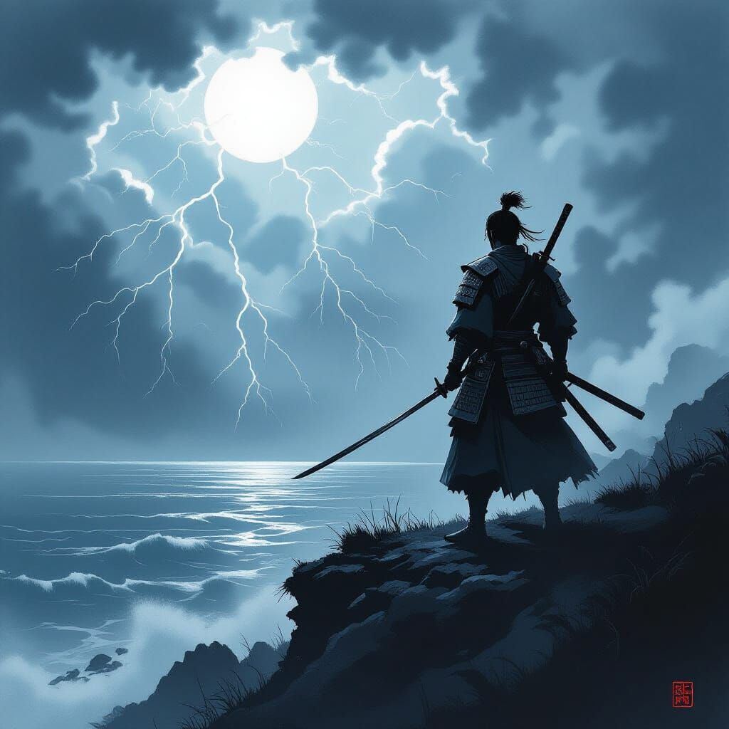 Samurai Warrior on Cliff Overlooking Stormy Sea