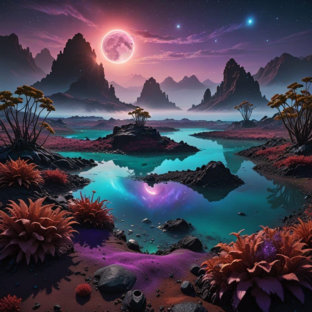 Eine außerirdische Landschaft mit  untergehenden Mond