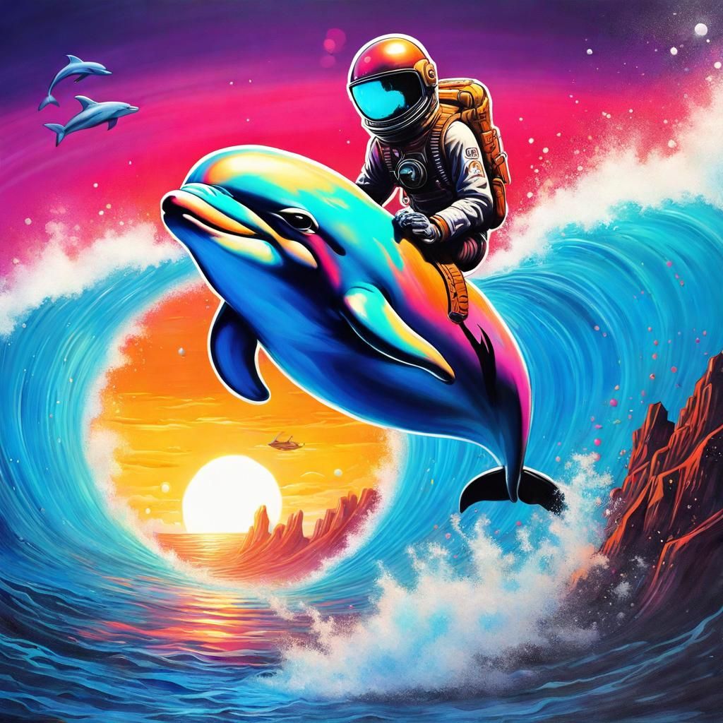 Space Dog Dolphin Sunset Graffiti Art