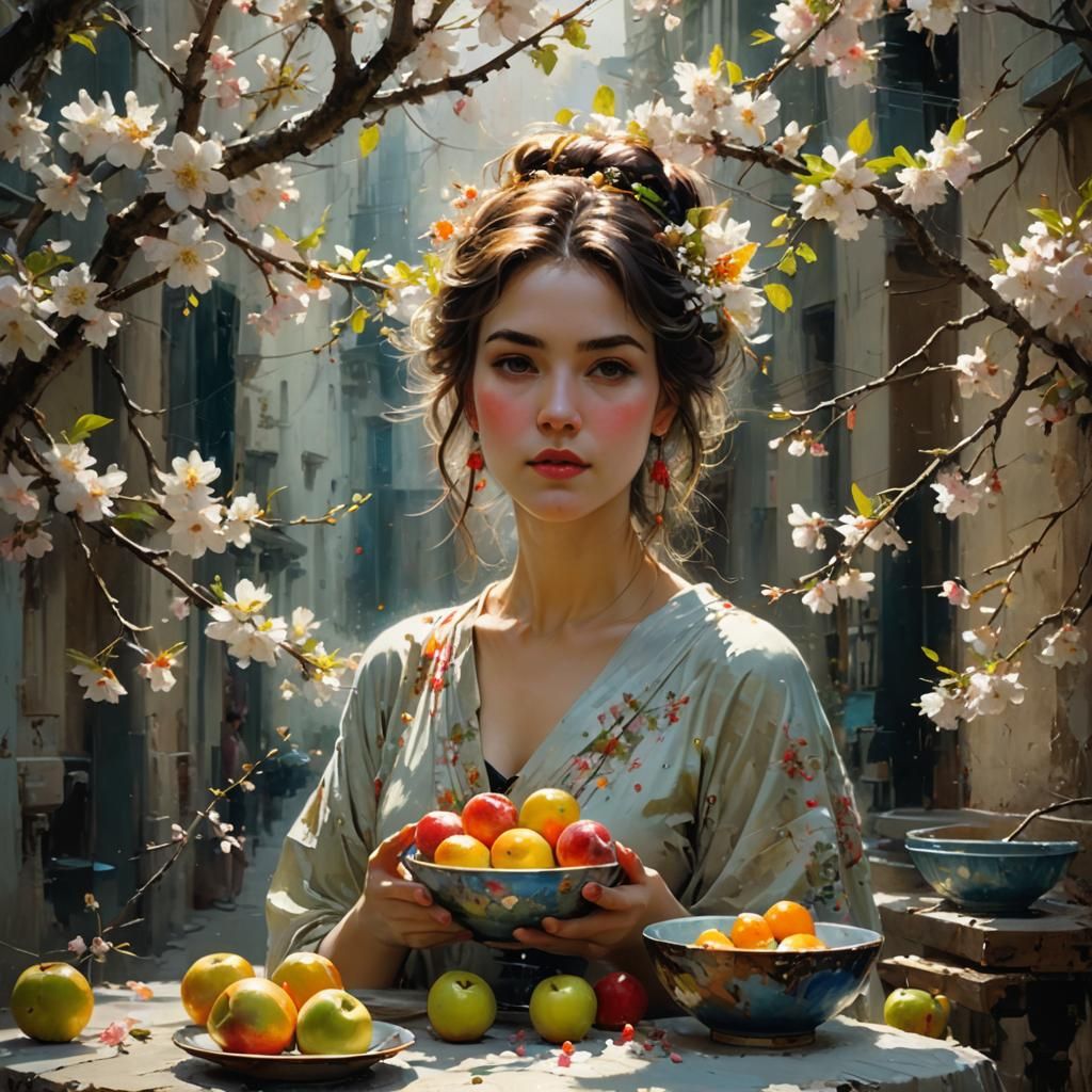 Woman with Fruit and Blossoms: Fine Art Painting