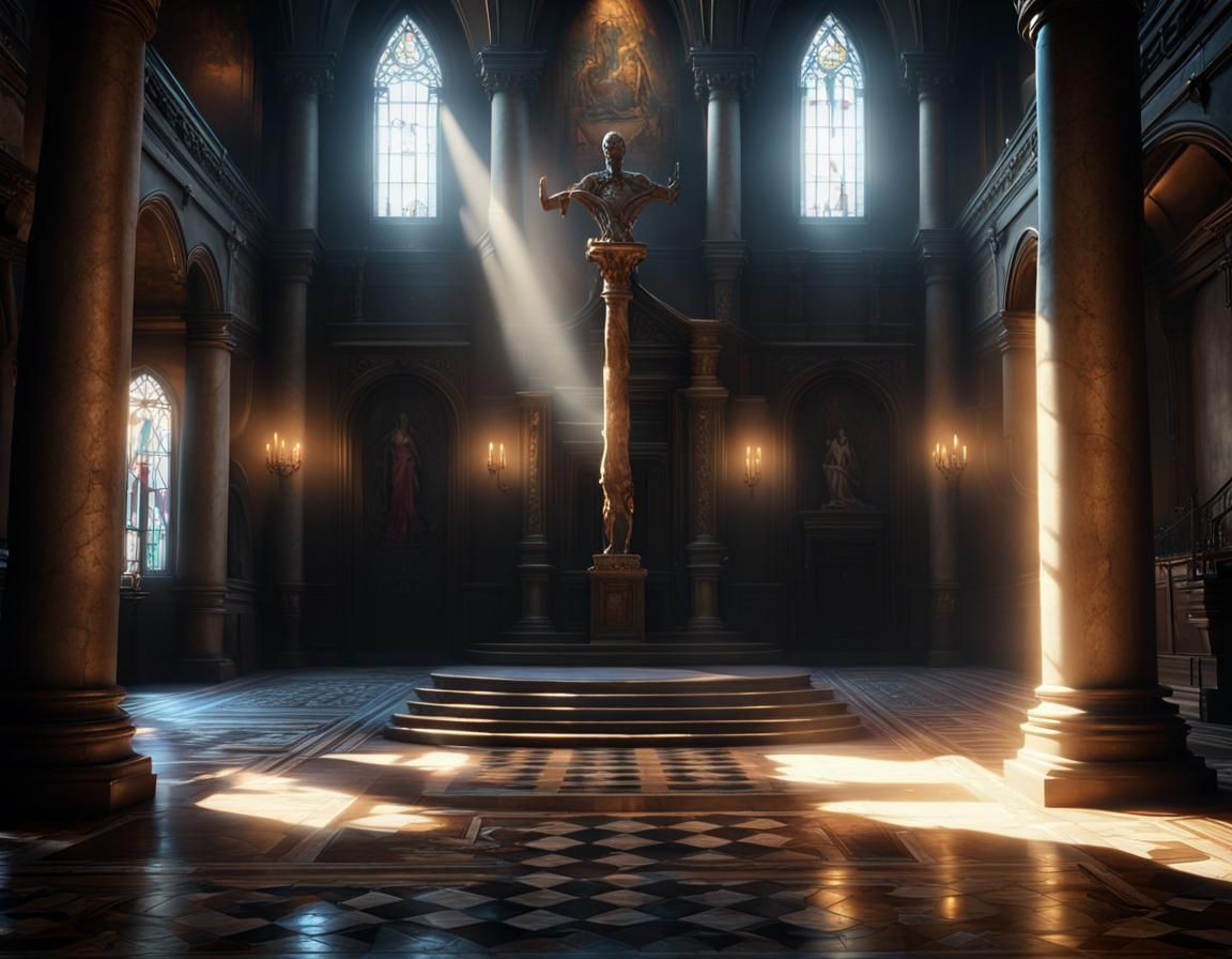 Gothic Church Interior with Light Rays in Digital Ink Art