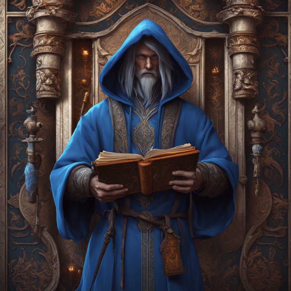 Elf Wizard with Staff and Book in Deep Colors
