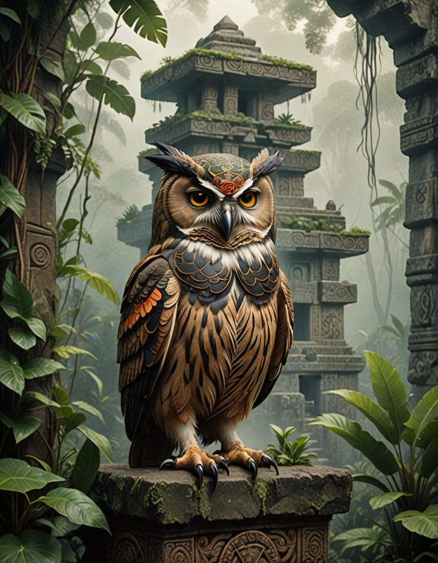Wise Owl in Sombrero on Mayan Temple