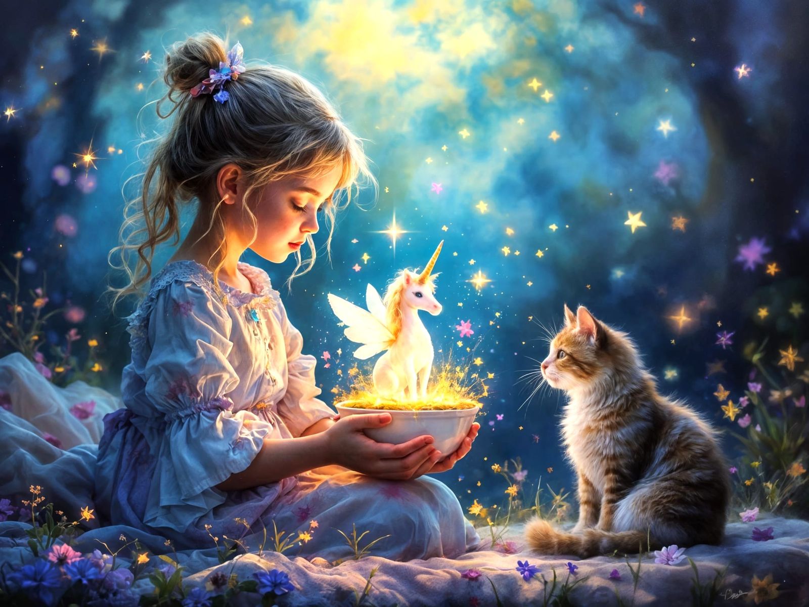 Girl Holding Unicorn Fairy in Oil Painting