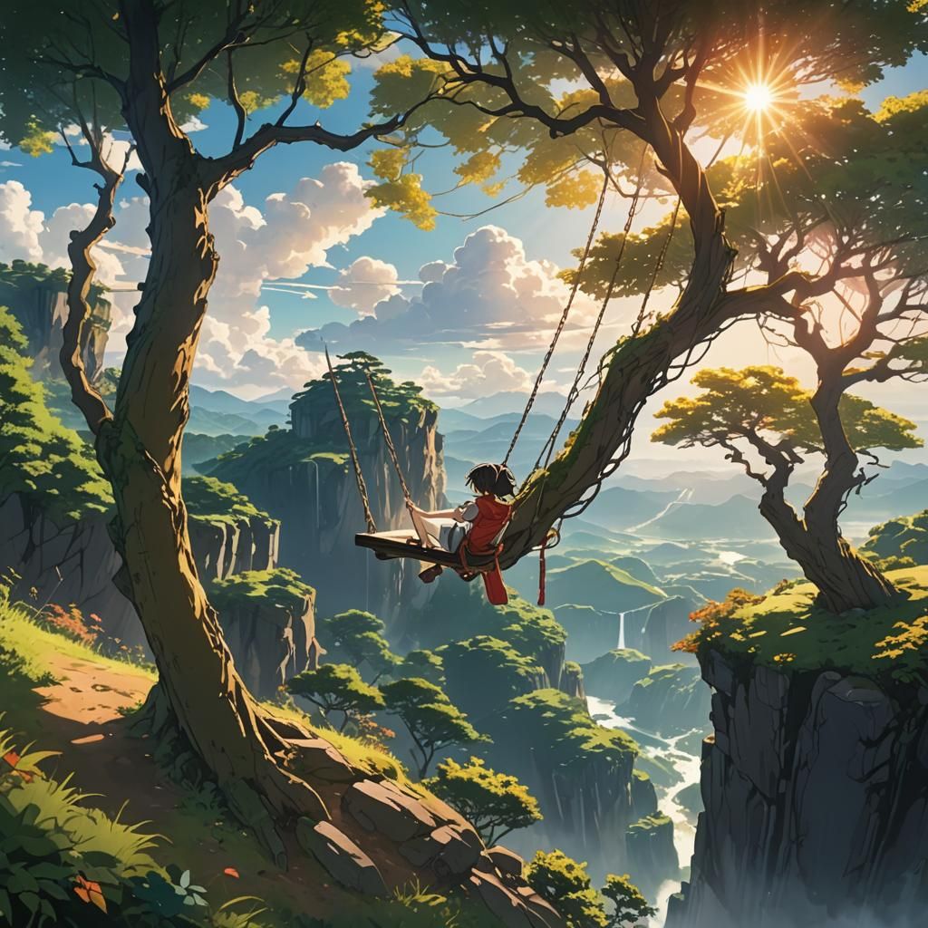 Anime Cliffside Swing in Sunlight