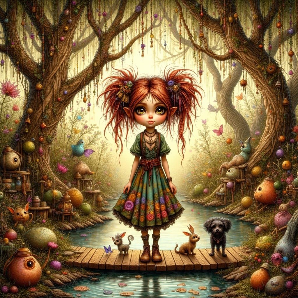 Bohemian Girl with Dog in Whimsical Dark Fantasy Forest
