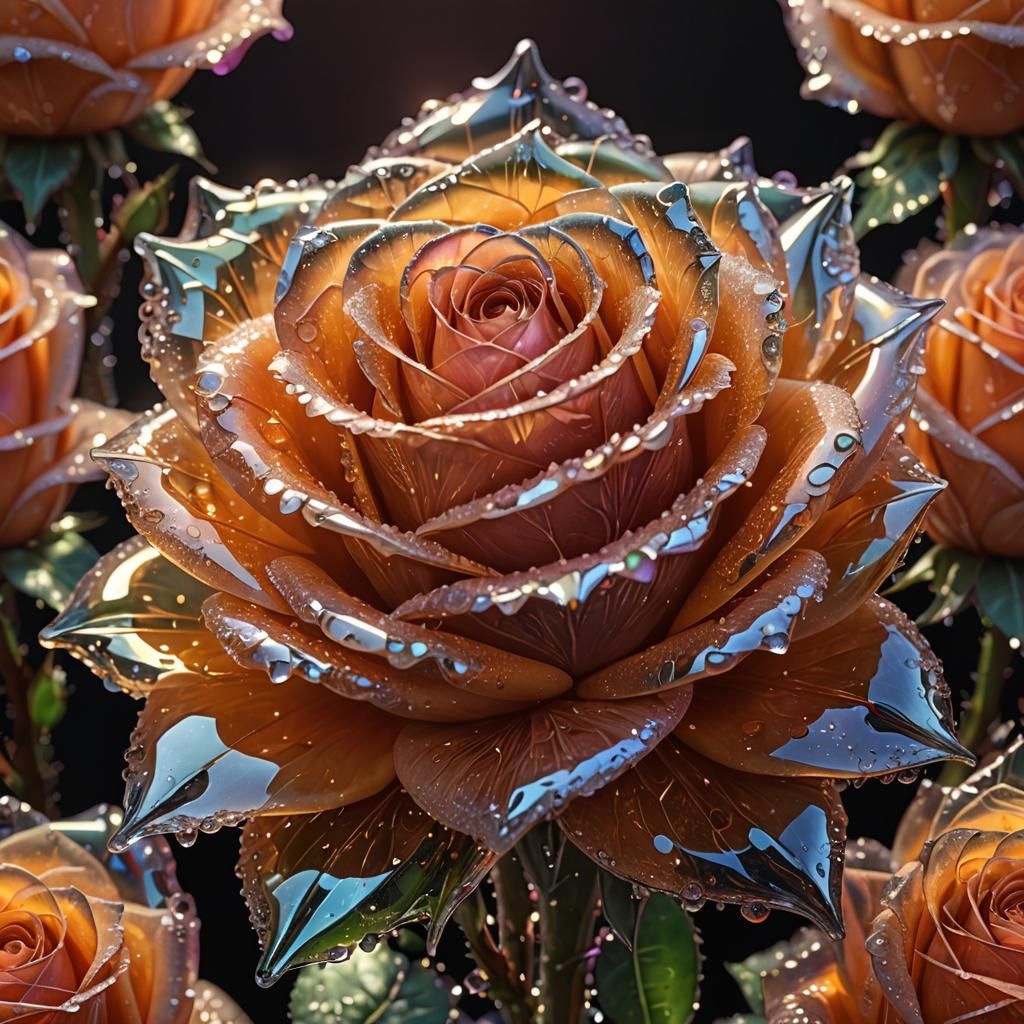 Crystal Rose with Dew Drops in Sci-Fi Greenhouse