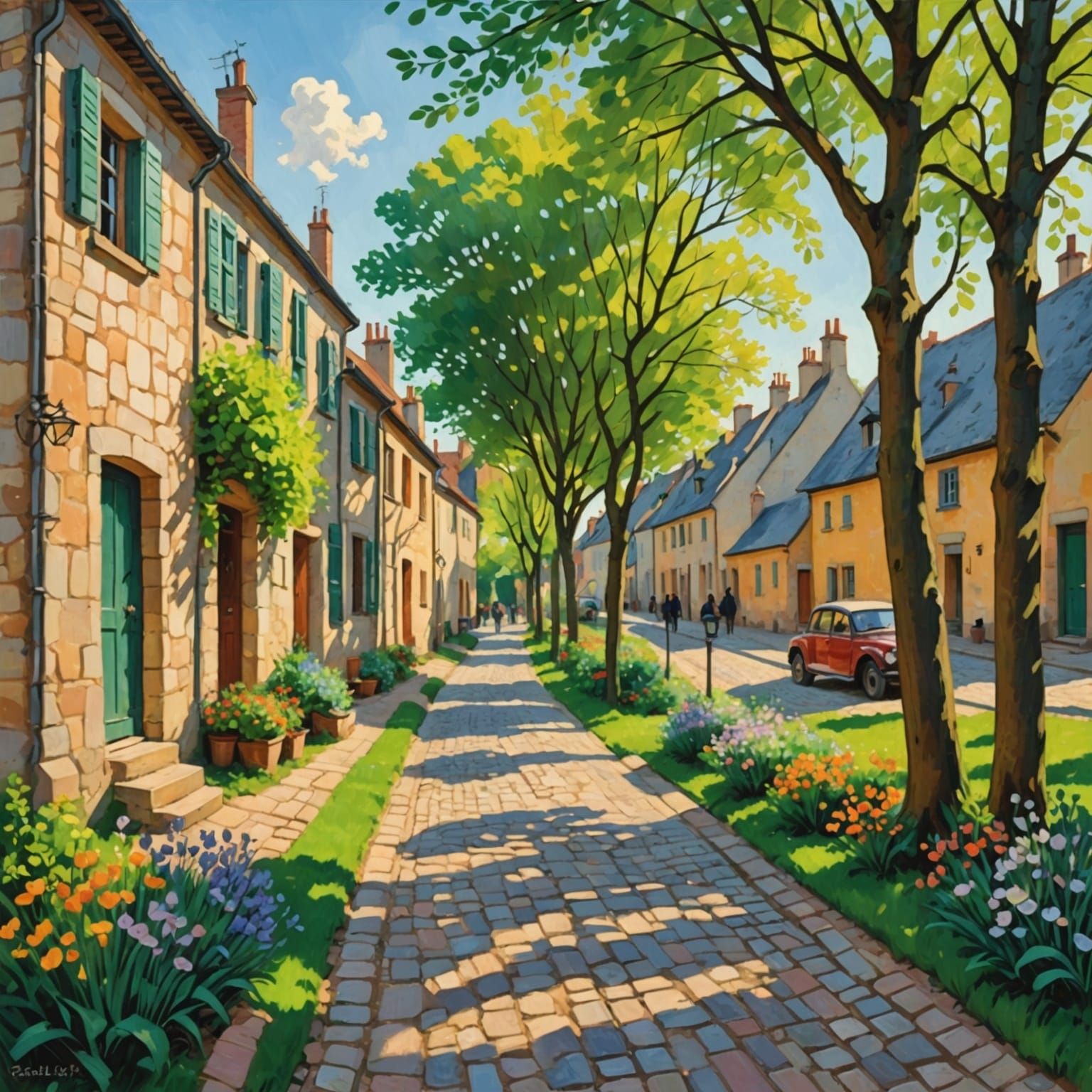 Spring Morning in Quaint Village as Impasto Painting