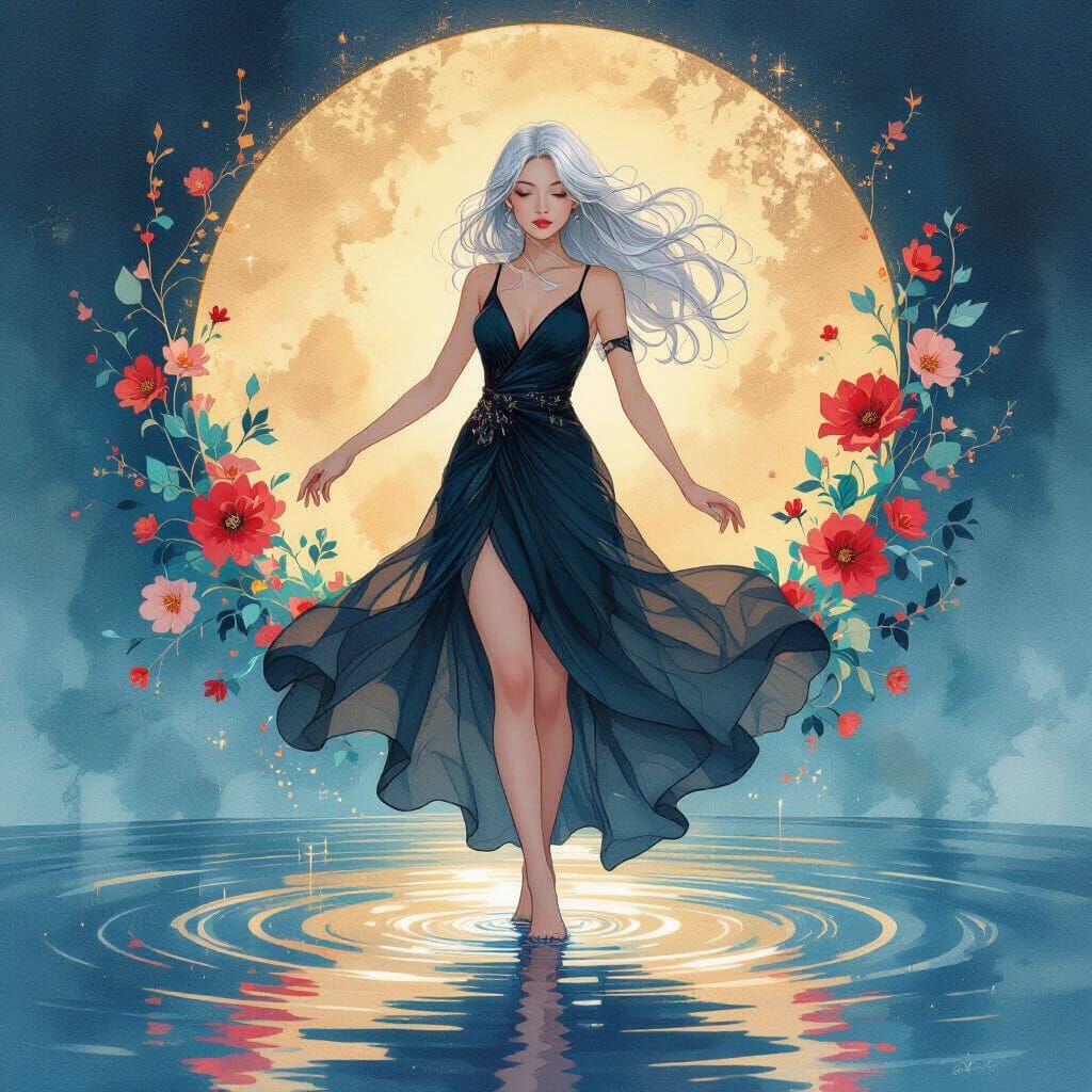 Ethereal Woman Dancing on Shimmering Water