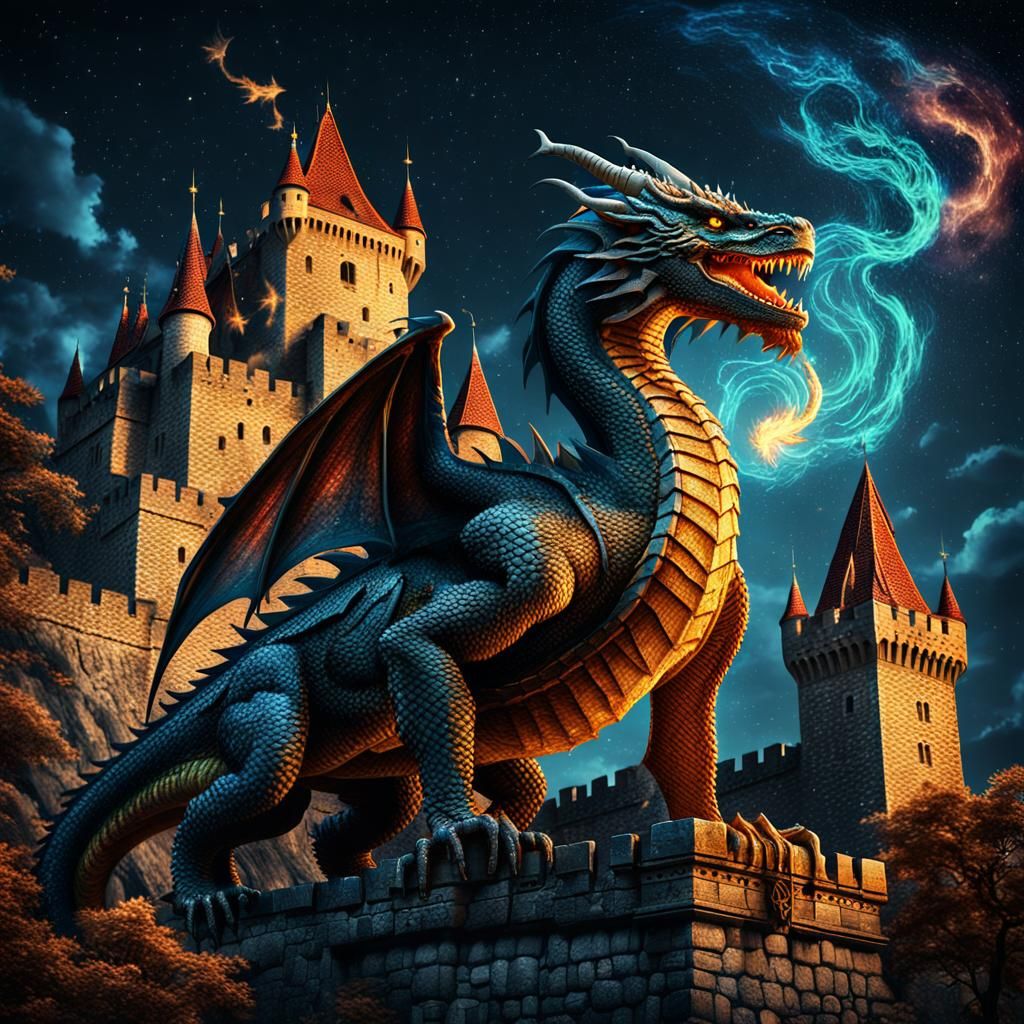 Storybook Illustrations
A majestic dragon wrapped around a medieval castle, breathing fire under a starry night sky