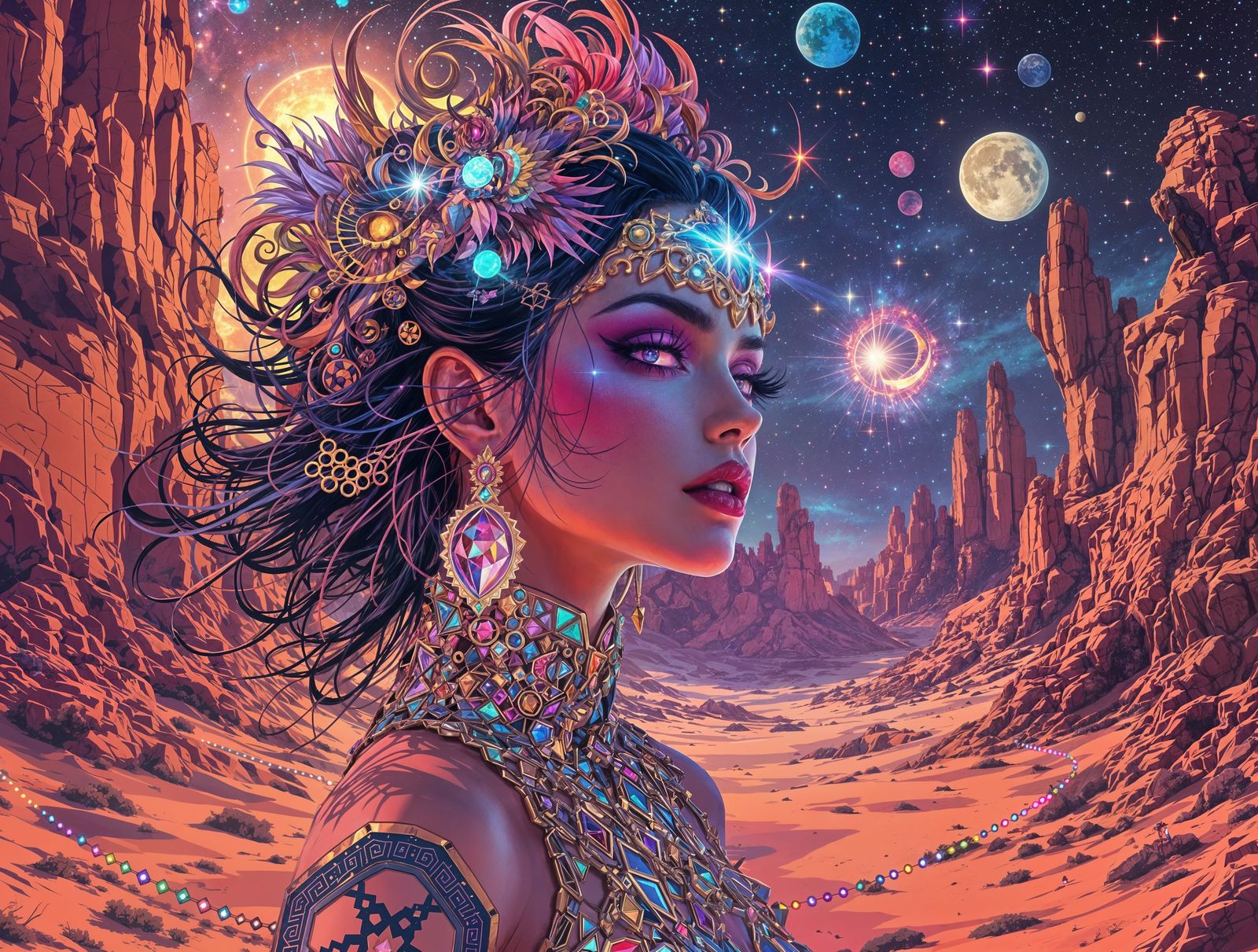 Flamboyant Heroine in a Futuristic Desert Landscape