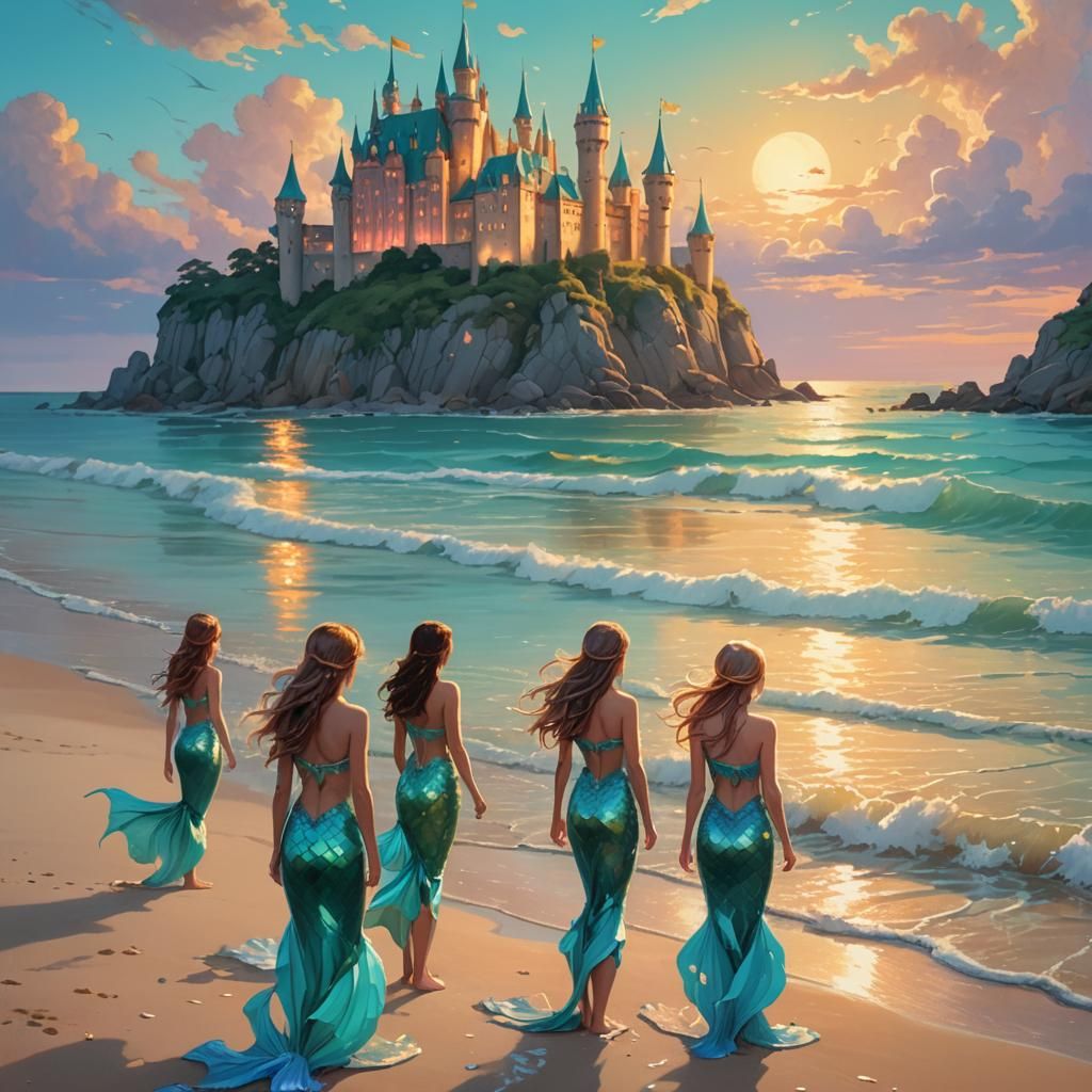 Mermaids Admiring Seaside Castle in Miyazaki Style