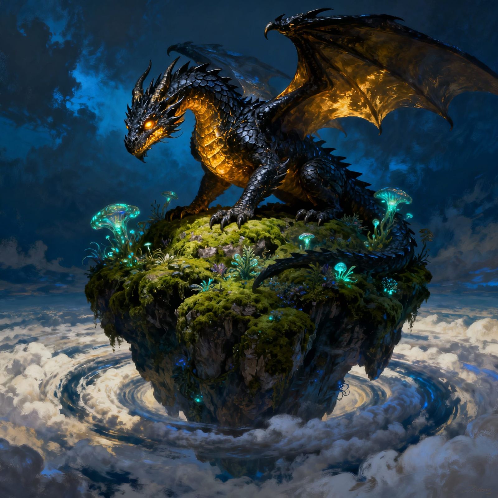 Majestic Dragon on Floating Island, Fantasy Concept Art