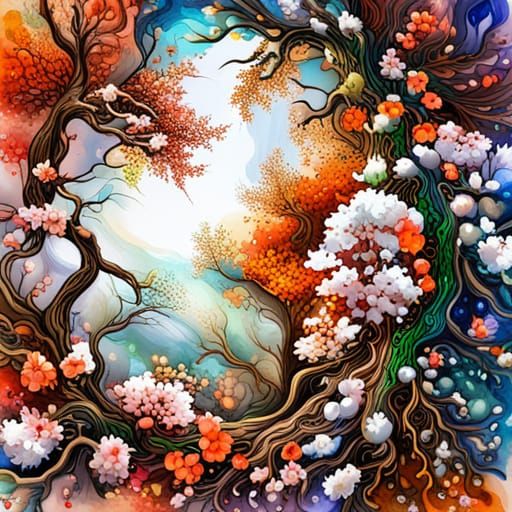 Intricate Four Seasons Tree with Bird in Watercolour Style