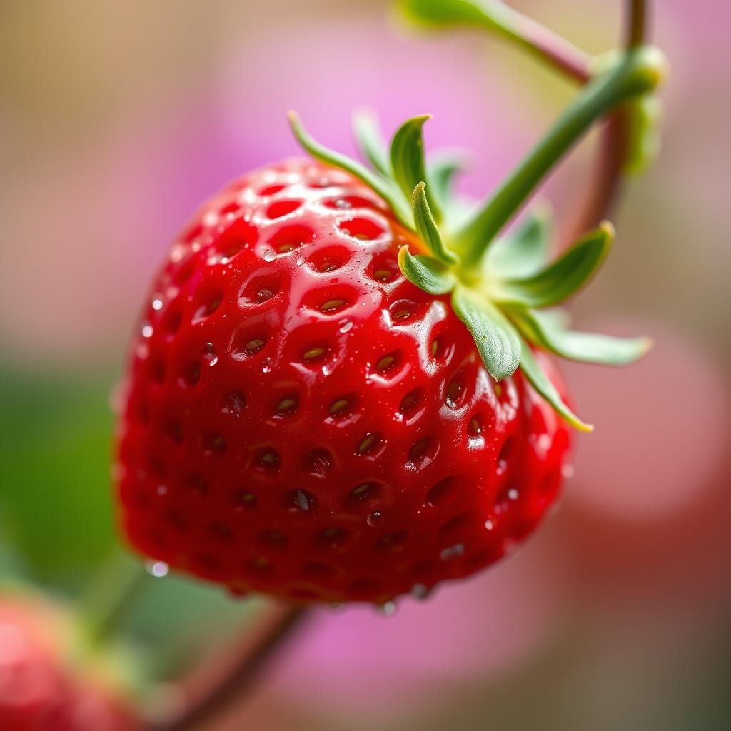 Photorealistic Strawberry with Dewdrops in Bokeh