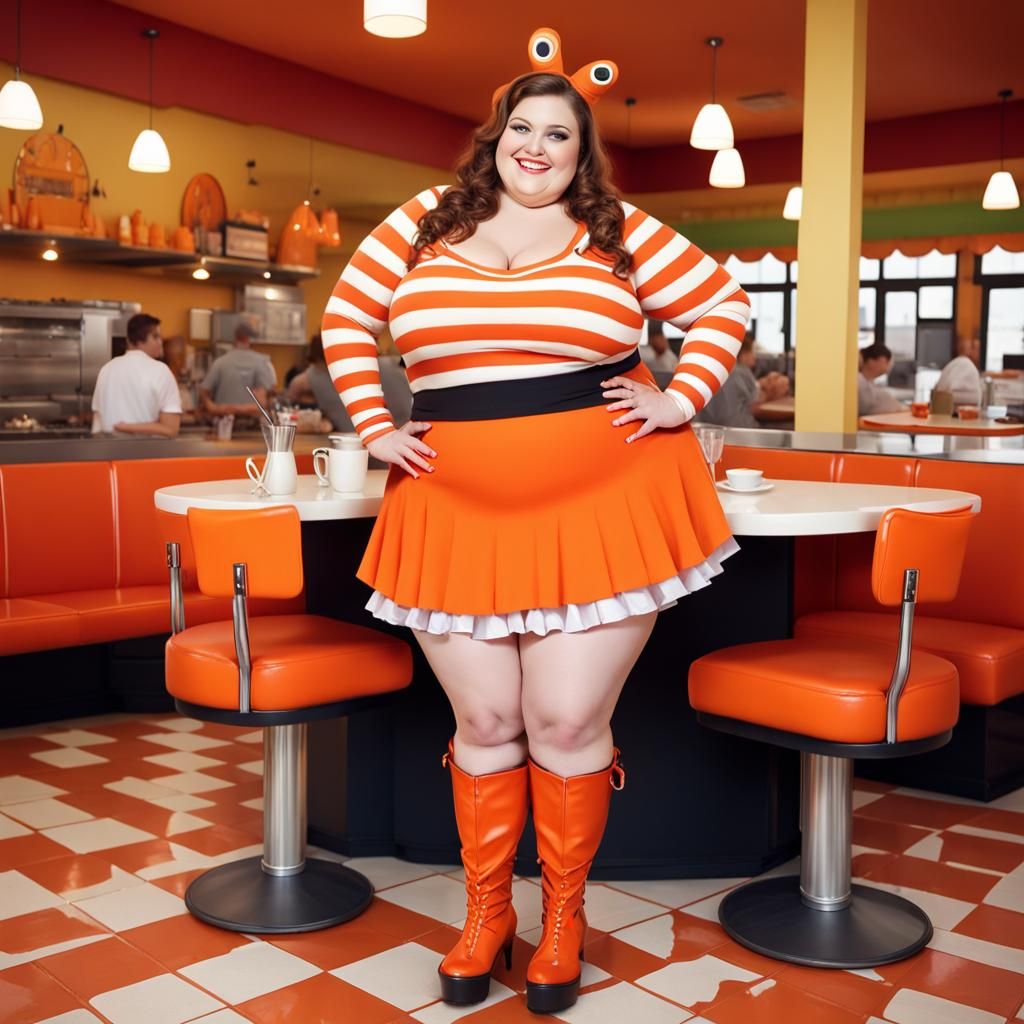 Chubby Witch with Frog Legs in Cafeteria