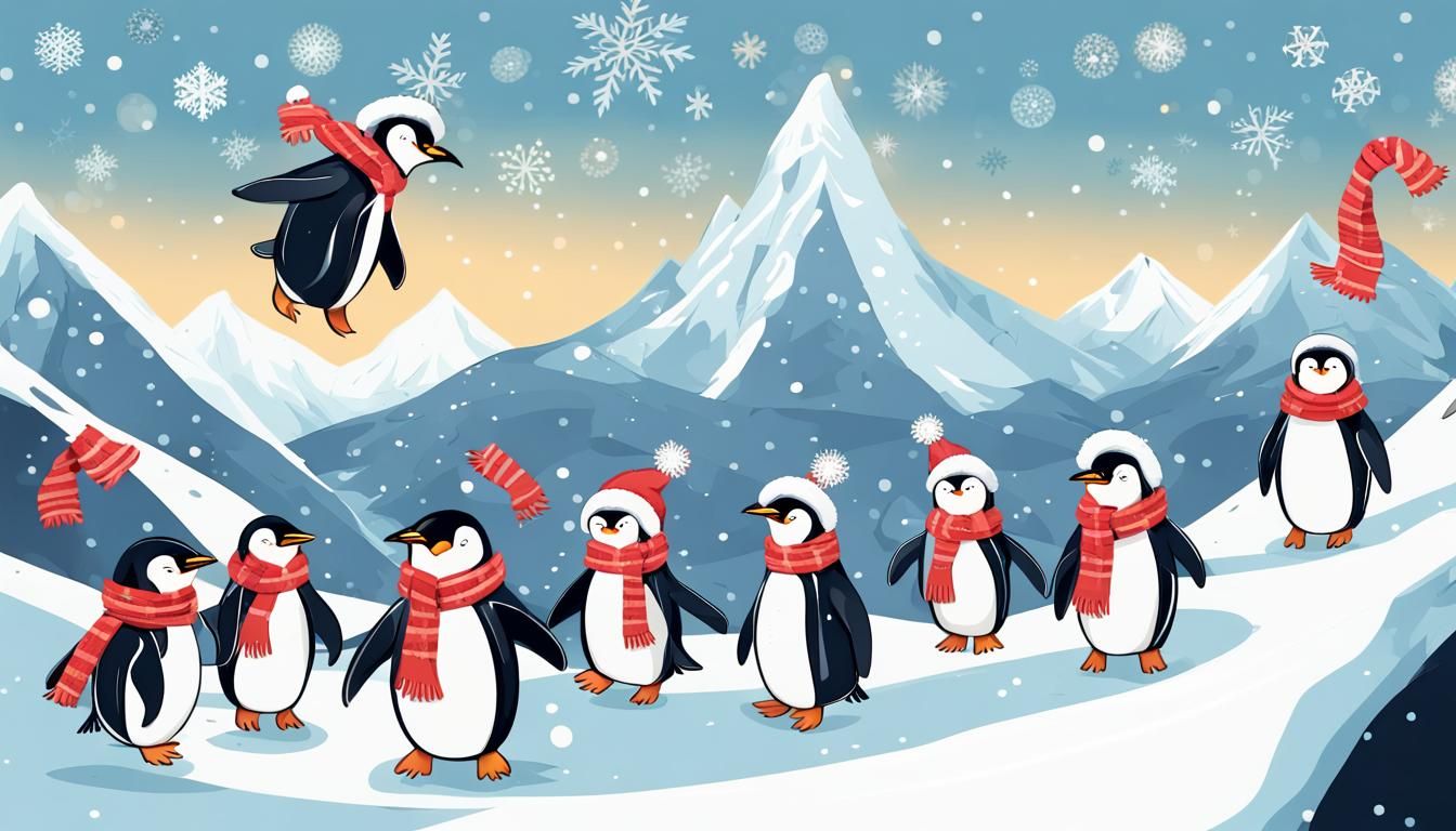 Penguins in Scarves Fly Around Snowy Mountain