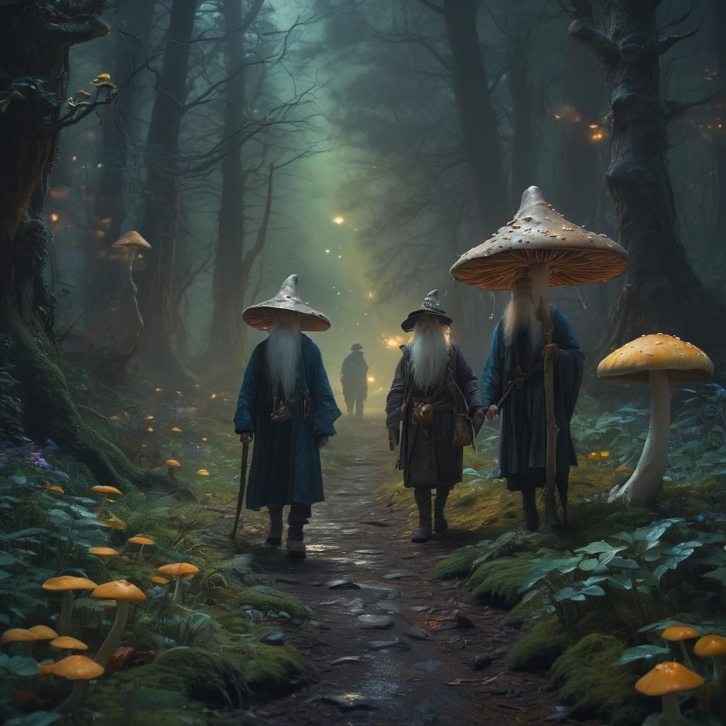 Wizards' Night Walk Through Luminous Forest