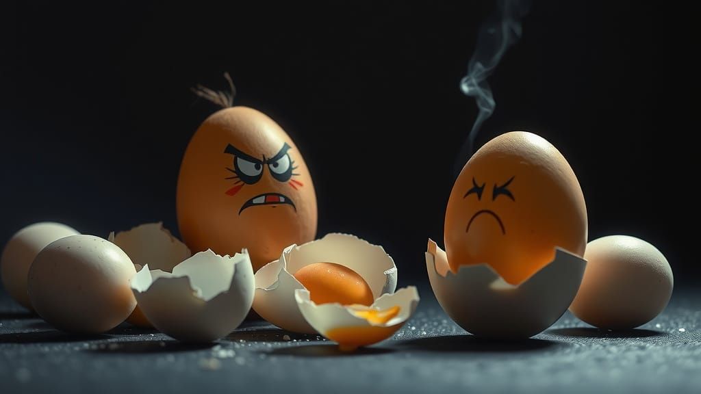Angry Egg Confronts Broken Eggs with Dramatic Lighting