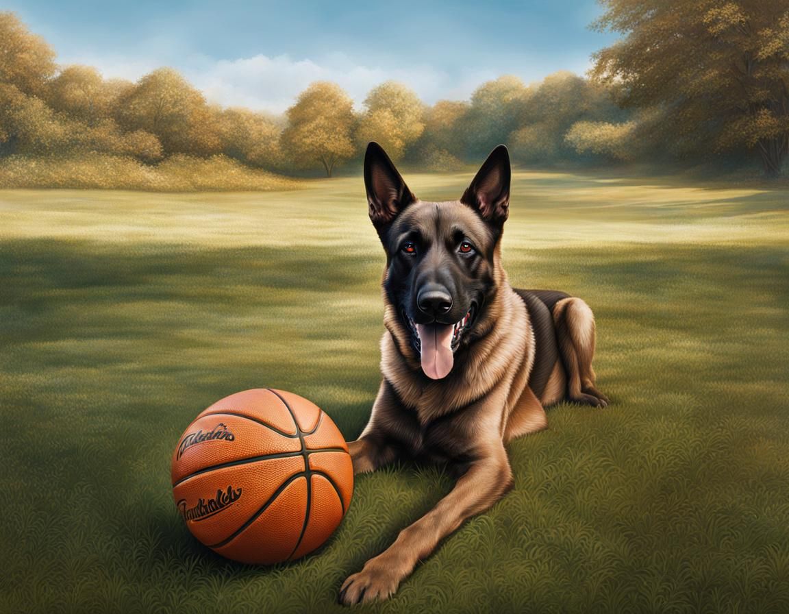 Belgian Malinois with Basketball: Hyperrealistic Splash Art