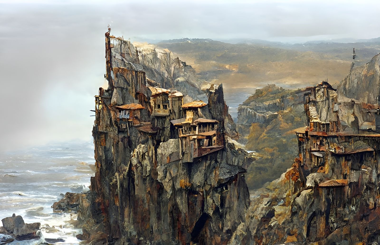 Cliffside Medieval City Concept Art in High Fantasy Style
