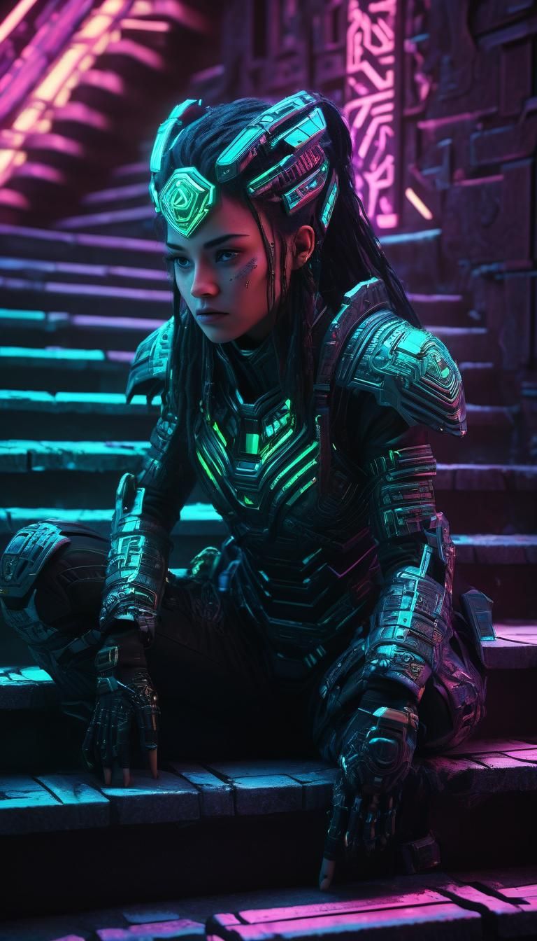 Cyberpunk Enchantress Falling Down Neon Stairs