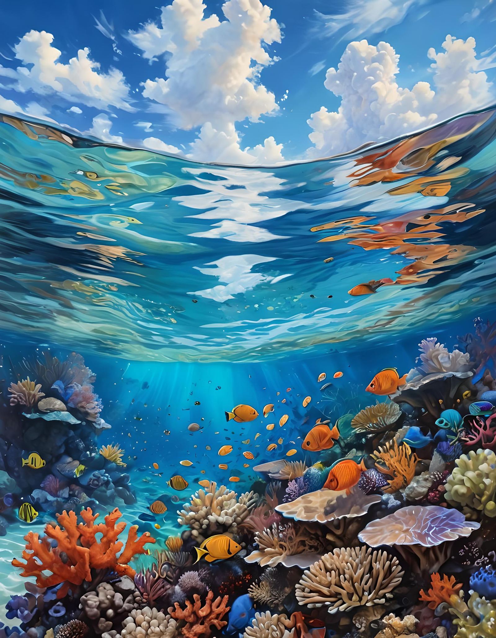 Great Barrier Reef: Vibrant Marine Life Oil Painting