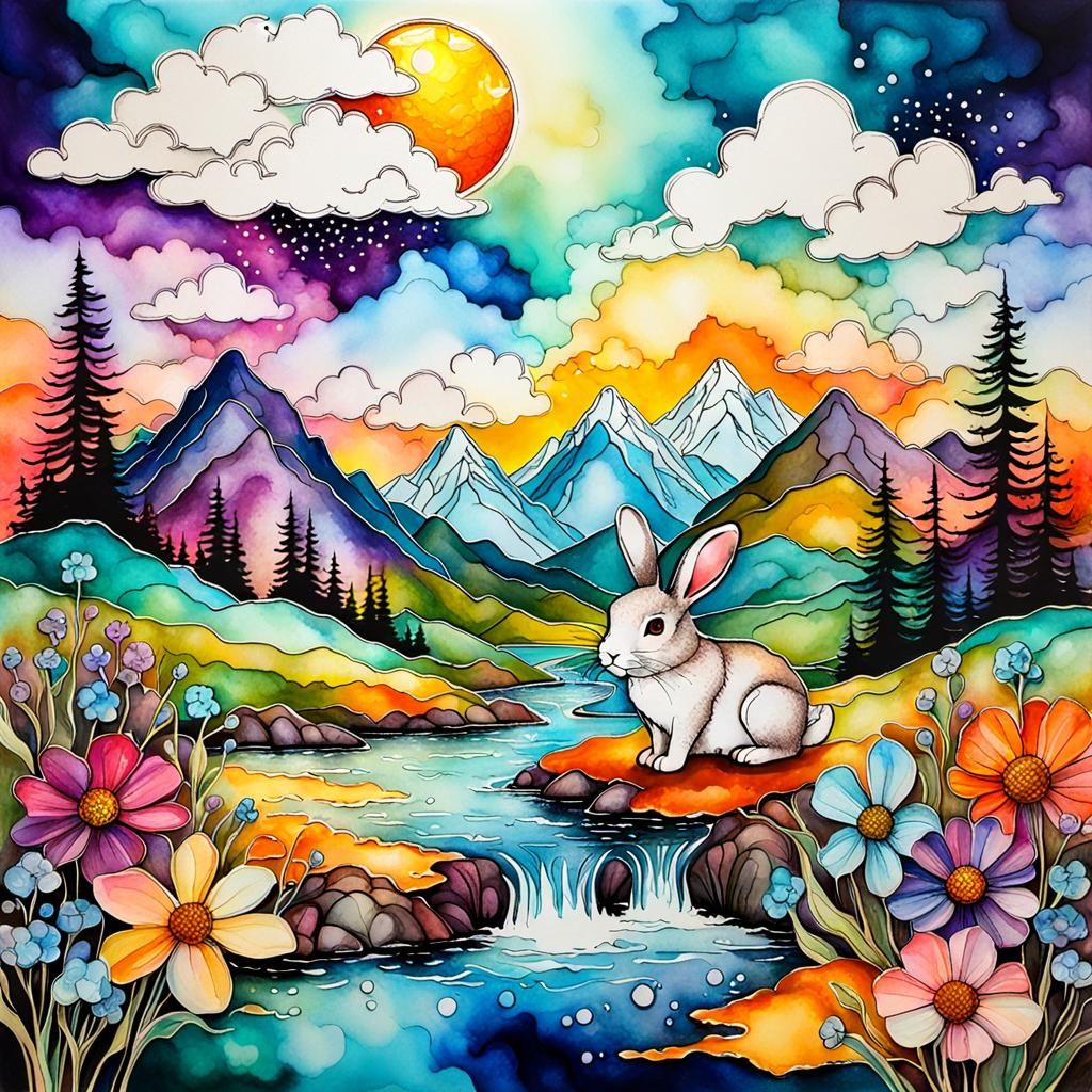 Alcohol Ink Rabbit in Otherworldly Landscape