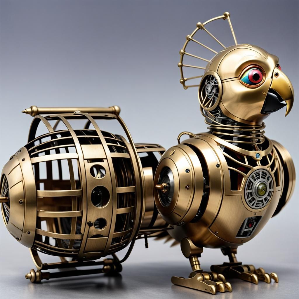 C-3PO Robot Parrot in Brass Cage
