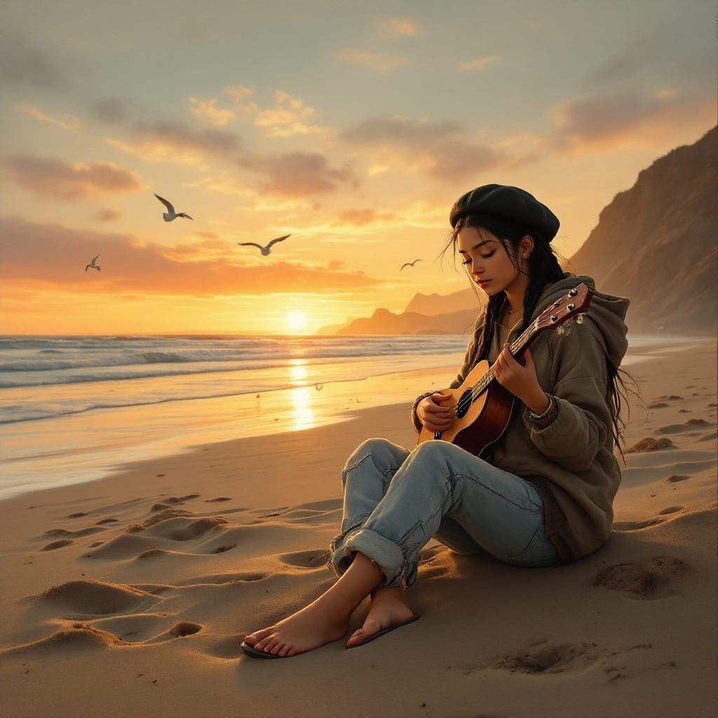 Native American Girl Plays Ukulele on Northern California Be...