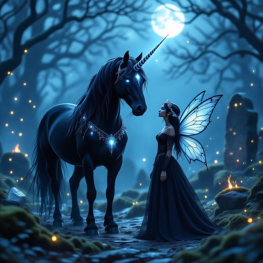 Enchanted Forest: Black Unicorn and Fairy in Dark Fantasy