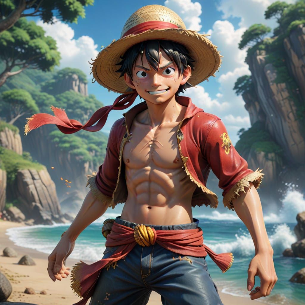 Luffy in Epic Anime Pose with Straw Hat Pirates Gear