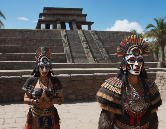 Intricate Aztec Masks with Temple Backdrop
