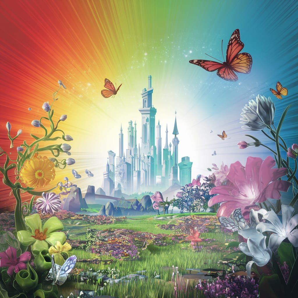 Pixar-Style Landscape with Castle, Flowers and Butterflies