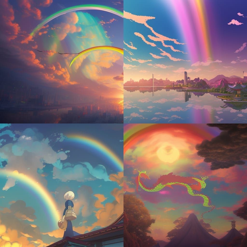 Rainbow Dragon Illuminates Mirrored City: Ghibli Anime Style