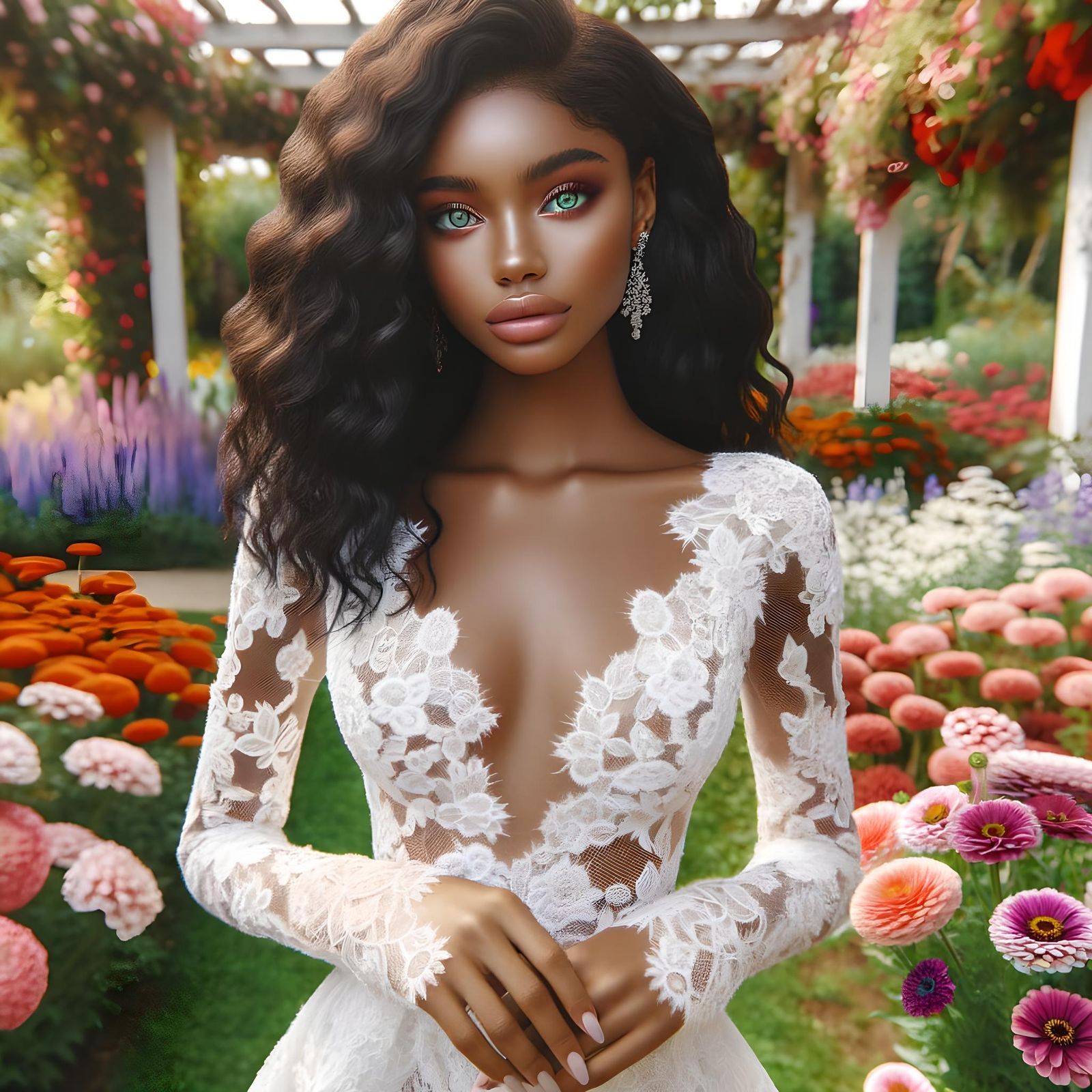 Very beautiful young black ebony woman with blue green eyes, dressed in a sublime white lace dress, in a flower garden. ...