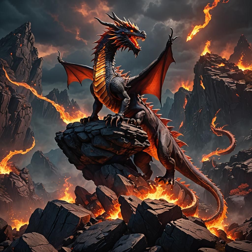 Fierce Fire Dragon on Rocky Cliff in 3D
