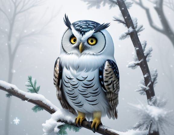 Whimsical Glass Cartoon Owl in Snowy Winter Wonderland