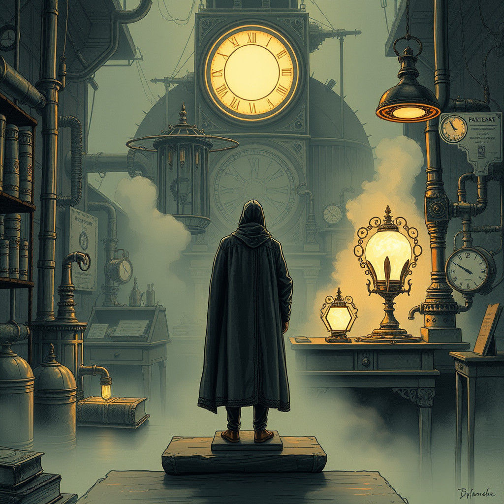 Surreal Figure Contemplates Ancient Artifacts in Foggy, Indu...