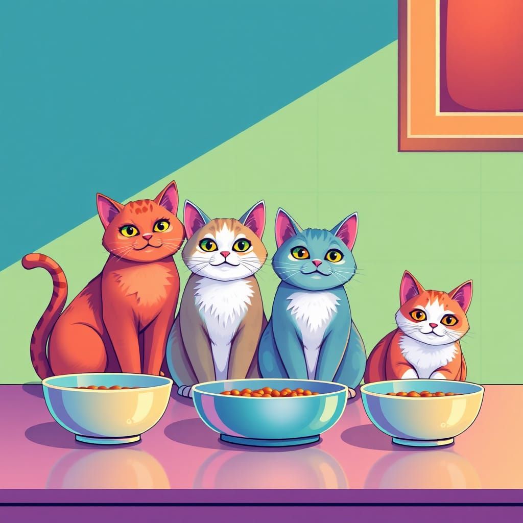 Whimsical Cats Wait for Food: 3D Vector Art