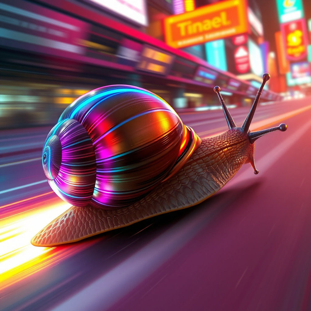 Cyberpunk Snail Speeds Through Neon Cityscape