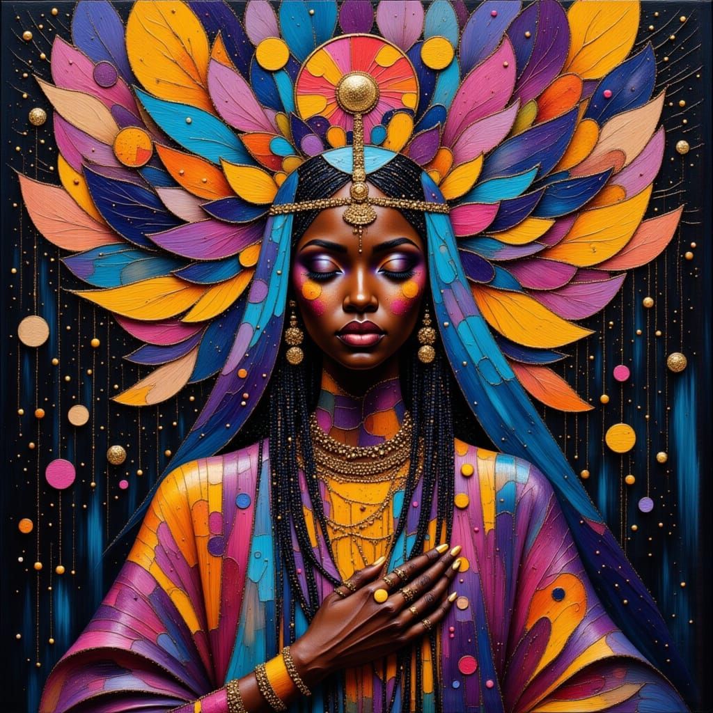 <lora:Shadow whimsy:1.0> <lora:TexturedFlux:1.0> futuristic Afrofuturistic priestess in a dynamic, neon-lit scene with l...