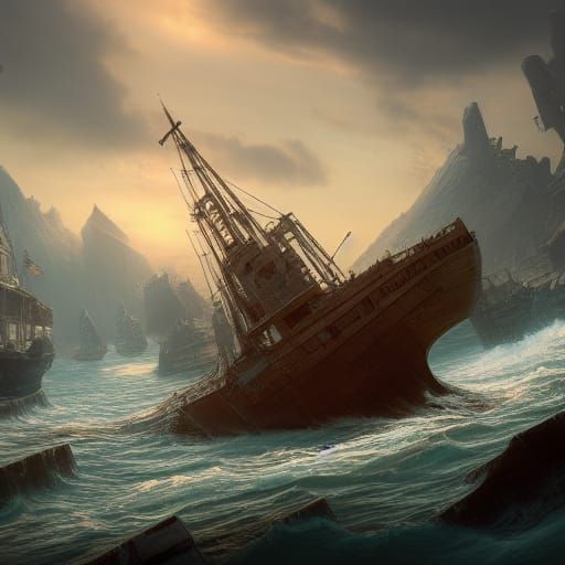 Detailed Shipwreck Matte Painting in Deep Color